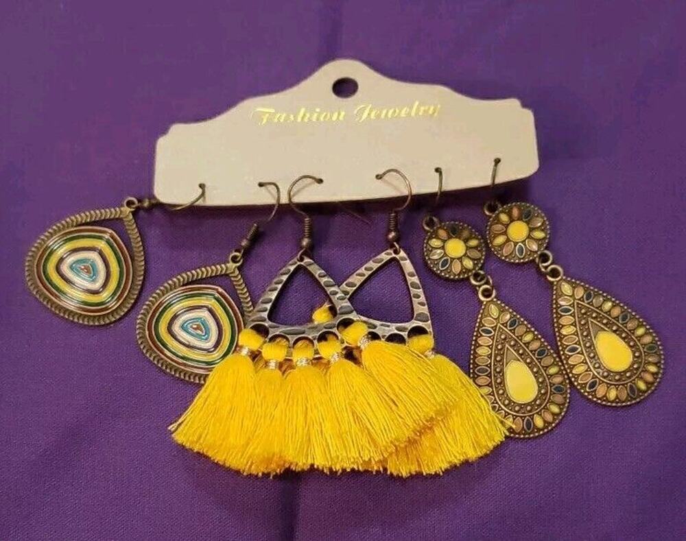 Three Pairs Dangle Earrings BOHO Western Style Yellow & Bronze Tone